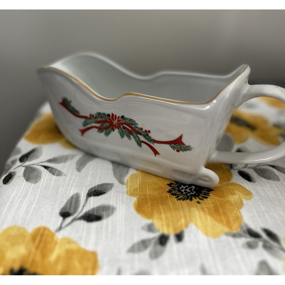 Vintage Poinsettia & Ribbons‎ Tienshan Christmas Fine China  Sled Gravy Boat